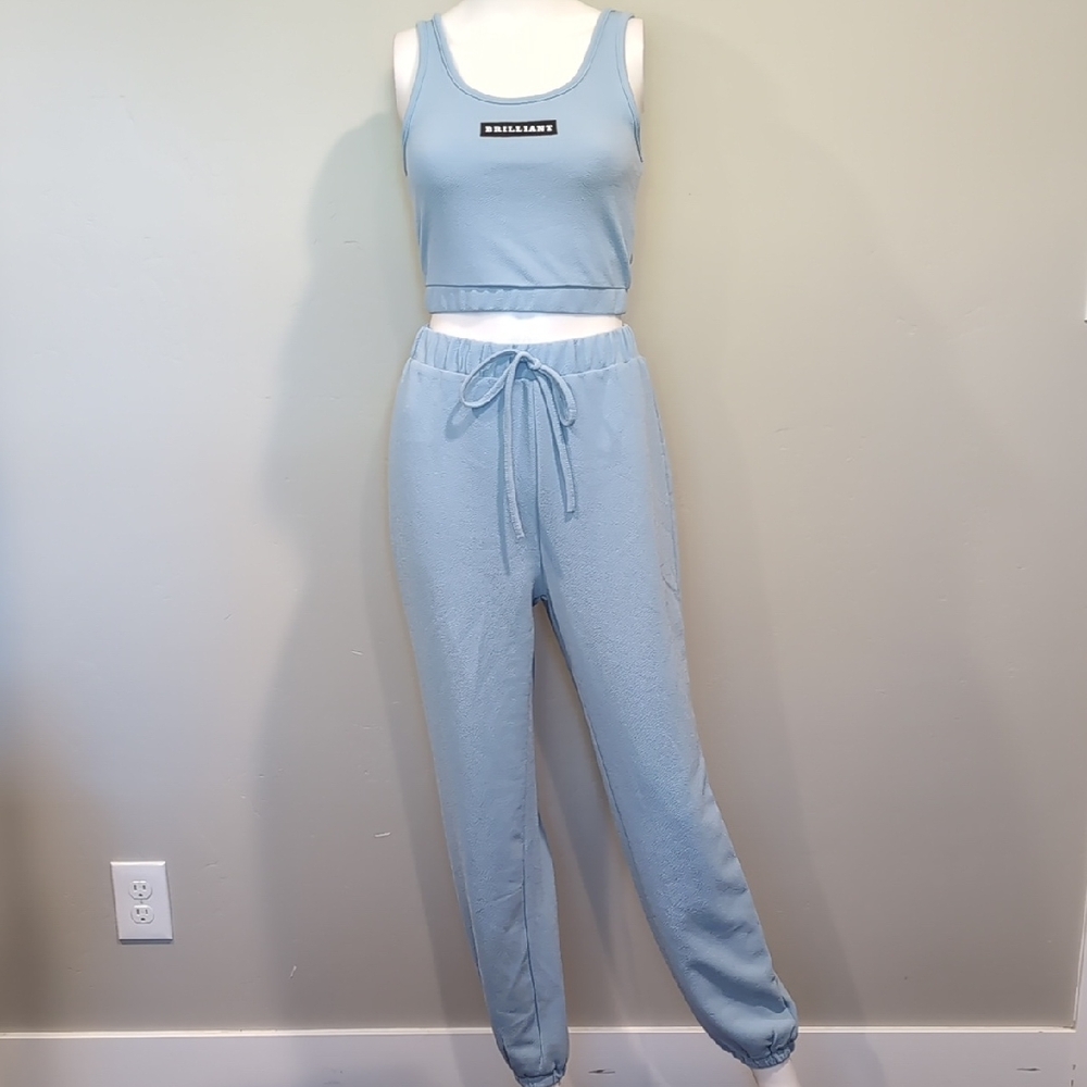 SHEIN Light Blue Scoop Neck Cropped Tank Top And Joggers Matching Set Size XS